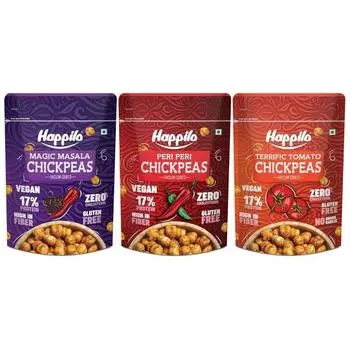 Супер-комбо-закуска Happilo Chickpeas по 110 г каждая, нут Magic Masala, нут Peri Peri, потрясающий томатный нут