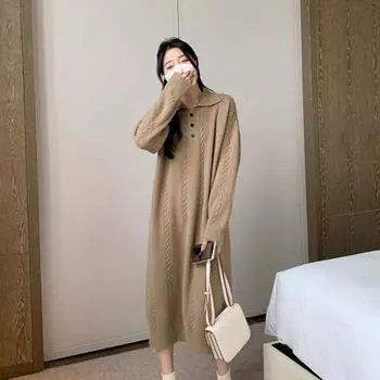 Супер красивое шерстяное платье, женский осенне-зимний свободный свитер, новинка 2023 года, длинный вязаный пуловер с длинными рукавами, женское платье One Size верблюд