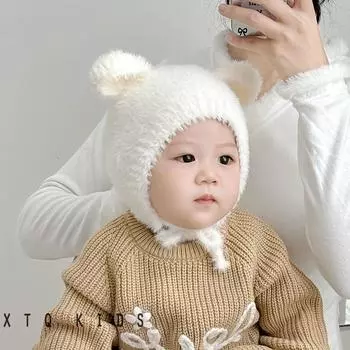 Супер милые медвежьи ушки, пуловер для защиты ушей для мужчин, женщин, младенцев и детей, вязаная шапка из шерсти кролика Рекс для малышей 2024 года, новая сумка для ушей 42-50Cm recommended 6 months-3 years old