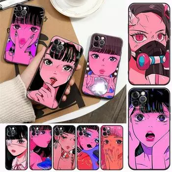 Супер милый чехол для телефона с аниме девушкой для iPhone14 13 12 11 PM Pro Max 8 7 SE XR XS Plus, черный мягкий силиконовый чехол Fundas Coques Shell iPhone 14 PM