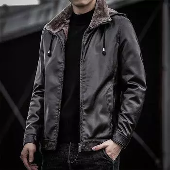 Супер мужская кожаная куртка, мужская меховая цельная куртка из искусственной кожи, утепленная куртка из бархата, с капюшоном M