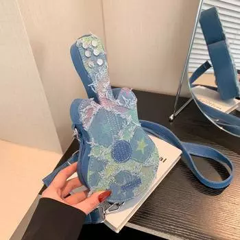 Супер огненная сумка для гитары, нишевая женская сумка, новая креативная сумка-мессенджер Spice Girl из рваного денима для гитары темно-синий