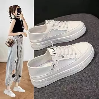 Супер огненные маленькие белые туфли 2024 года, женские новые осенние туфли с одной педалью, повседневные туфли с двумя носками, универсальные туфли для сноуборда в иностранном стиле, взрыв 35 чёрный