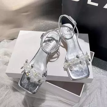 супер огненные сандалии модные со стразами на ремешке, толстый каблук, квадратный носок, хрустальные сандалии женские летние 35