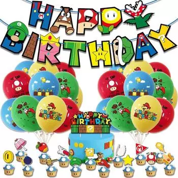 Super Party Mario Happy Birthday Banner Bunting Balloons Party Decorations Decor