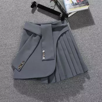 Super Popular INS Irregular Fashion High Waist Pleated Short Skirt Grey L