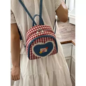 Super Popular Preppy Plaid Canvas Backpack Women s 2025 New Summer High-Grade Cartoon Cute Backpack Red