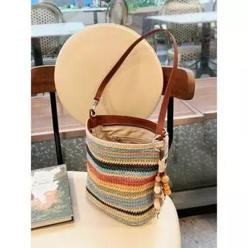 Super Popular Rainbow Woven Bag for Women 2025 New Straw Woven Beach Bag Commuter All-Match Shoulder Shoulder Bucket Bag Rainbow stripes