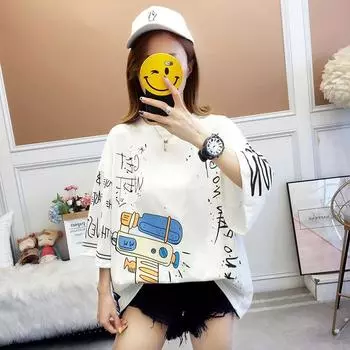 Super Popular Sleeve European and American Style Student Tops Instagram Style T-shirts White((FD4131)) XL