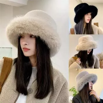 Супер пушистая отделка из толстого искусственного меха, женская зимняя теплая панама для подарка в помещении и на открытом воздухе чёрный
