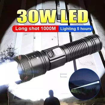 Супер яркая вспышка, мощный фонарик, 1000 метров, перезаряжаемый фонарик на дальнее расстояние, зум, прожектор, фонарь для кемпинга built-in battery чёрный