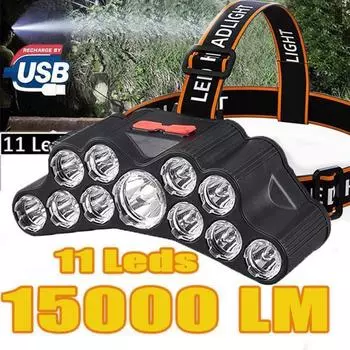 Супер яркий 15000LM 11 светодиодов налобный фонарь USB перезаряжаемый 4 режима Ночной светильник водонепроницаемый уличный походный рабочий светильник чёрный