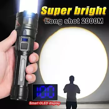 Супер яркий фонарик, мощный перезаряжаемый фонарь, светодиодный фонарик высокой мощности, цифровой дисплей, фонарик с большим радиусом действия, переносной фонарь для улицы no battery чёрный