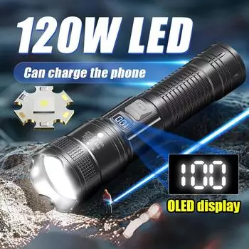 Супер яркий фонарик 120 Вт светодиодный самый мощный фонарь с высоким световым потоком 100000 лм фонарик с возможностью масштабирования перезаряжаемая лампа A-Flashlight, Type-C