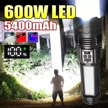 Супер яркий фонарик высокой мощности 600 Вт, встроенный фонарик емкостью 5400 мАч с зумом, антисветовой перезаряжаемый уличный фонарь для кемпинга чёрный