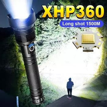Супер яркий фонарик XHP360 Long Shot 1500M Torch Zoomable Lamp Перезаряжаемый фонарик USB Charge Self-protective Lantern A-Flashlight