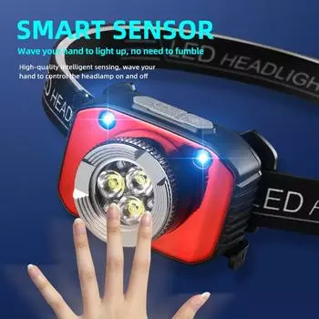 Супер яркий налобный фонарь с 3 светодиодами, датчиком движения, фонарик для кемпинга, перезаряжаемый налобный фонарь Type-C, встроенная батарея 1200 мА