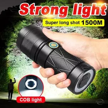 Супер яркий перезаряжаемый фонарик, мощный светодиодный фонарик 18650, водонепроницаемый USB, самый мощный фонарик с лампой COB built in batteries чёрный