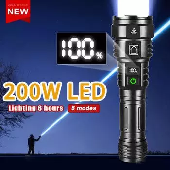 Супер яркий светодиодный фонарик мощностью 200 Вт, термостойкий фонарик с возможностью масштабирования, перезаряжаемая лампа, водонепроницаемый фонарь с большим радиусом действия A-Flashlight