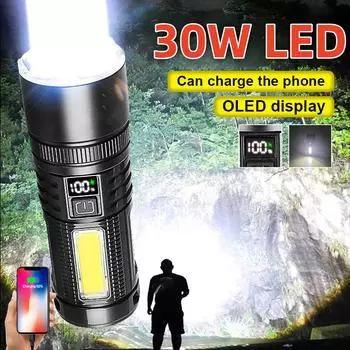 Супер яркий светодиодный фонарик высокой мощности 6000 мАч встроенный аккумуляторный фонарь перезаряжаемый зум ручной фонарь водонепроницаемый уличный фонарь для кемпинга built-in battery чёрный