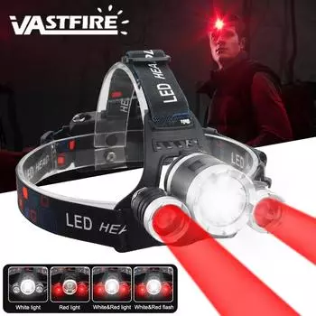 Супер яркий светодиодный налобный фонарь с белым и красным светом, водонепроницаемый дисплей мощности фары, подходит для исследований, охоты, рыбалки