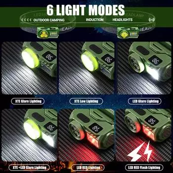 Супер яркий светодиодный налобный фонарь, умный индукционный налобный фонарь, магнитный фонарик, перезаряжаемый через USB, красный свет, SOS-фонарь для рыбалки