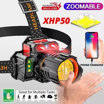 Супер яркий светодиодный налобный фонарь XHP50, водонепроницаемый, 5 режимов, USB аккумуляторная фара для рыбалки, приключений, кемпинга, 18650 чёрный