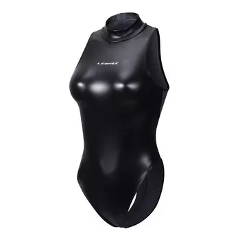 Супер редкий прочный глянцевый купальник для гонок с высоким воротом, светоотражающий металлический купальник для соревнований [LEOHEX] (XL, Черный)
