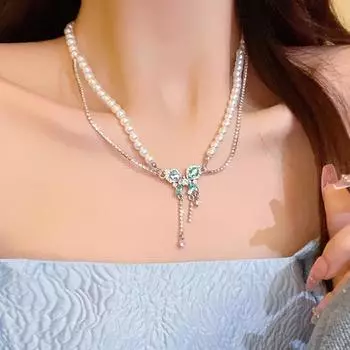 Супер сказочное светлое роскошное голубое колье с двойным каскадом в форме бабочки с жемчугом и стразами и кисточками женское ожерелье