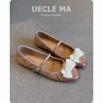 Super soft lambskin~ French single shoes women s flat-bottomed ballet evening shoes light mouth bow retro Mary Jane shoes 35