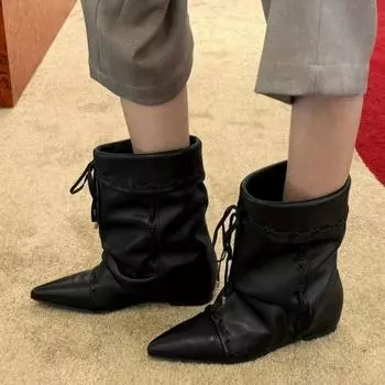 Super soft lambskin~ pleated tip inner height increase 5cm small short boots women s retro niche Martin boots western cowboy boots 35