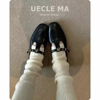 Super soft lambskin~ Retro Mary Jane shoes women s leather square head T-shaped black flat shoes 35