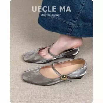 Super soft lambskin~ single shoes women s square head is beautiful low-heeled ballet shoes retro one-word buckle Mary Jane shoes 35