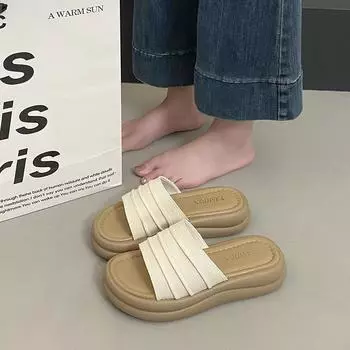 Super soft platform slippers women s summer new fashion beach shoes solid color heightening one-word drag non-slip muffin shoes 35