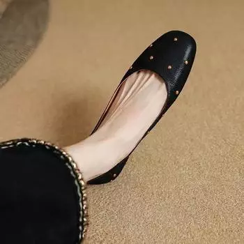 Super soft sheepskin~ single shoes women s flat-soled rivets black shoes soft-soled ballet evening shoes Mary Jane shoes 35
