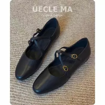 Super soft sheepskin~ single shoes women s flat ballet shoes shallow mouth evening shoes cross buckle retro Mary Jane shoes 35