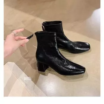 Super soft sheepskin square head thick heel rear zipper high heel bare boots Martin boots women s thin short boots 34