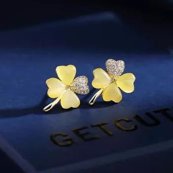 Супер волшебный темперамент, сладкие и свежие серьги, модные серьги с серебряной иглой S925 в сказочном стиле, четыре листа, цветок, камень кошачий глаз, серьги с счастливой травой