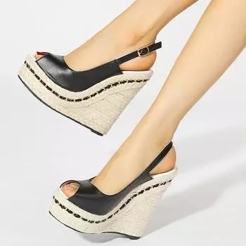 Супер высокие женские летние босоножки на танкетке женские модные босоножки на высоком каблуке с открытым носком женская обувь 35 чёрный