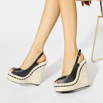 Супер высокие женские летние босоножки на танкетке женские модные босоножки на высоком каблуке с открытым носком женская обувь 35 чёрный