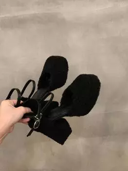 Супер высокий каблук стиль горячей девушки туфли Мэри Джейн женская обувь 2024 новая весна, осень и зима маленький толстый каблук пушистые туфли 35 чёрный