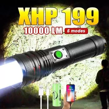 Super XHP199 Самый мощный светодиодный фонарик Мощный фонарик 18650 Фонарь Перезаряжаемый светодиодный фонарик для кемпинга without battery чёрный