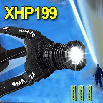 Супер XHP199 светодиодный налобный фонарь, мощный налобный фонарик, USB перезаряжаемый налобный фонарь, фонарь для кемпинга, рыбалки without battery чёрный