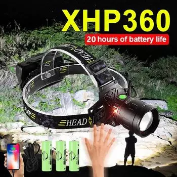 Супер XHP360 Мощный налобный фонарь Перезаряжаемый налобный фонарик Мощные налобные фонари XHP90 Светодиодный фонарь 18650 Фонарь для рыбалки no battery