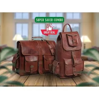 Суперэкономный комбо | Многоцелевой рюкзак для путешествий из натуральной кожи и офисный портфель для ноутбука из натуральной кожи для мужчин коричневый