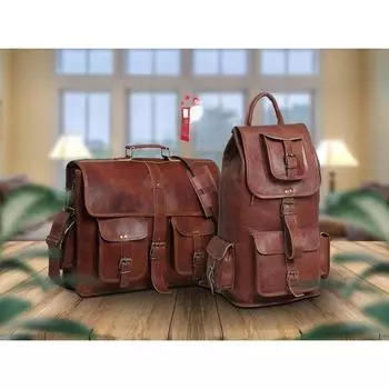 Суперэкономный комбо | Многоцелевой рюкзак для путешествий из натуральной кожи и офисный портфель для ноутбука из натуральной кожи для мужчин 16 in коричневый