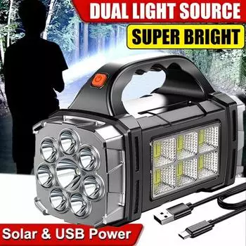 Супермощный двойной источник света Солнечная лампа Перезаряжаемая через USB портативная лампа Водонепроницаемая уличная лампа Аварийный источник света S чёрный