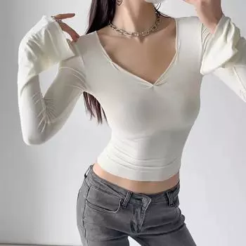 Супермягкая футболка Pure Wish Clothing, нижняя часть, V-образный вырез, эластичная облегающая футболка с длинным рукавом, верхняя часть S чёрный