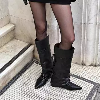 Супермягкая овчина~ внутренняя высота увеличивает 5 см ботинки плиссированные рыцарские ботинки женские складные два способа носки западные ковбойские ботинки женские ботинки 35