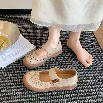Супермягкие летние туфли для мамы, сумка, сандалии, мягкая кожа, туфли с отверстиями, плоская подошва, мягкая подошва, мягкая поверхность, нескользящие, для среднего и пожилого возраста, с круглым носком, женские туфли 35